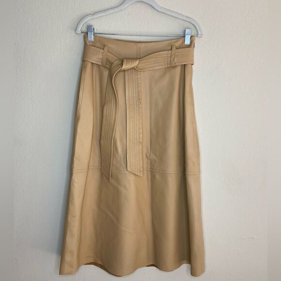Vince Lambskin Leather Midi Tan Caramel Skirt Stitched Belt Size 0 - Picture 8 of 11